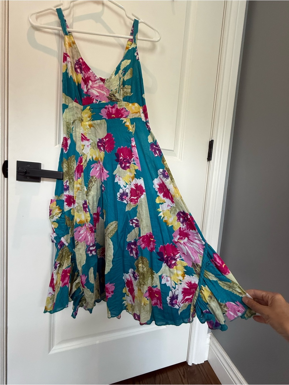 Teal Floral V-Neck Spaghetti Strap Midi Dress